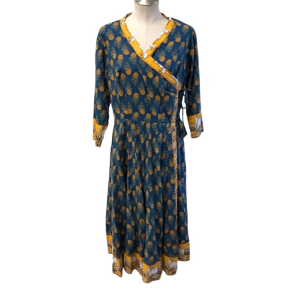 GP Wrap Dress Womens XL Blue Floral Cow Print Kantha Stitch Cotton Boho